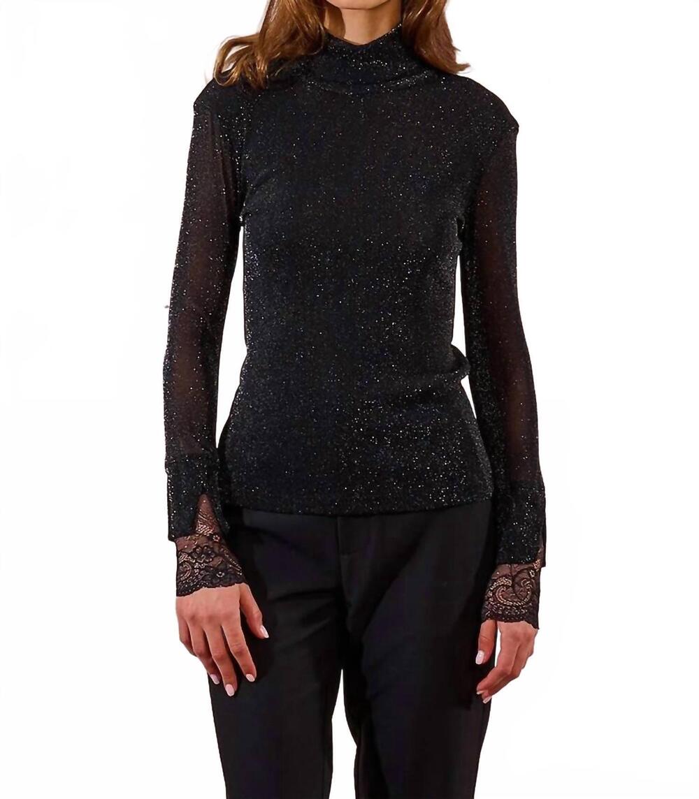 NEW MOLLY BRACKEN turtle neck long sleeve top in black silver shimmer